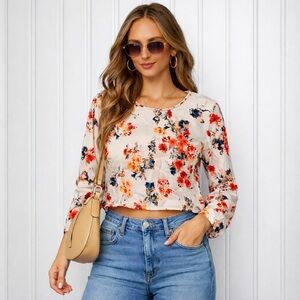 🧡 ZARA Floral Long Sleeve Crop Top · Women’s Medium